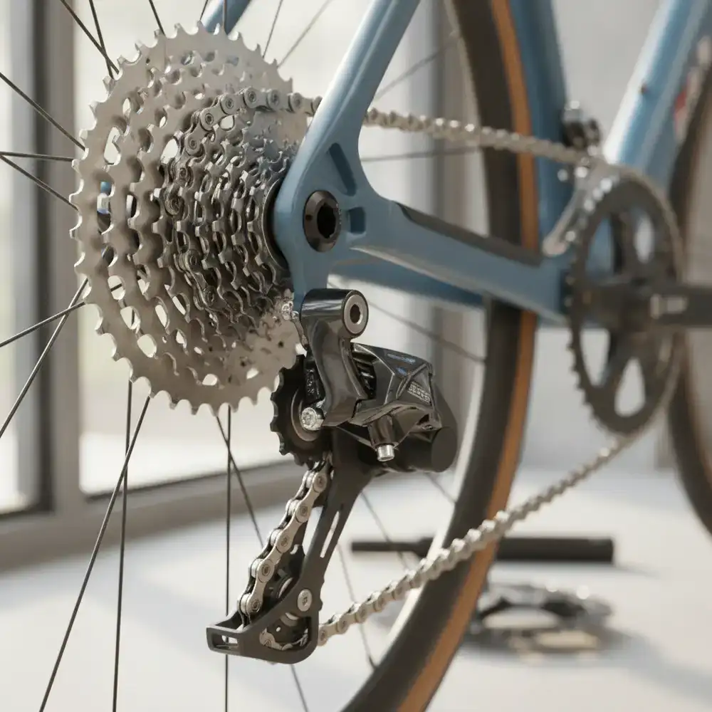 Close-up view of precision bicycle gears and derailleur