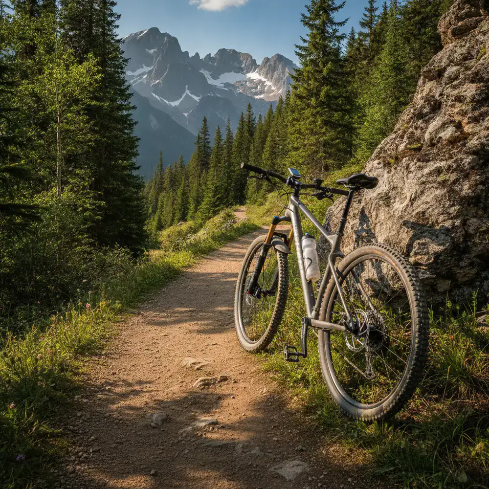 Robust mountain bicycle parked near a trail