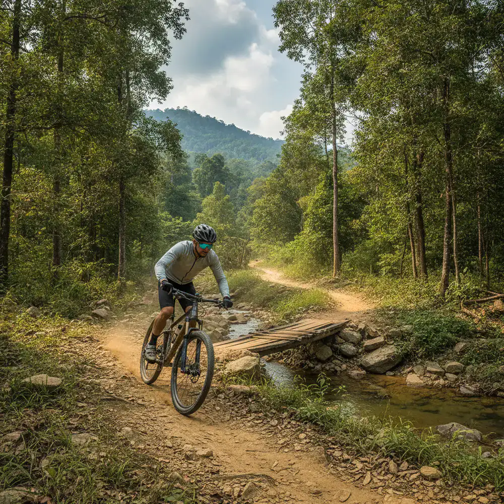 A cyclist riding a mountain bike along a rugged outdoor trail in Bangladesh