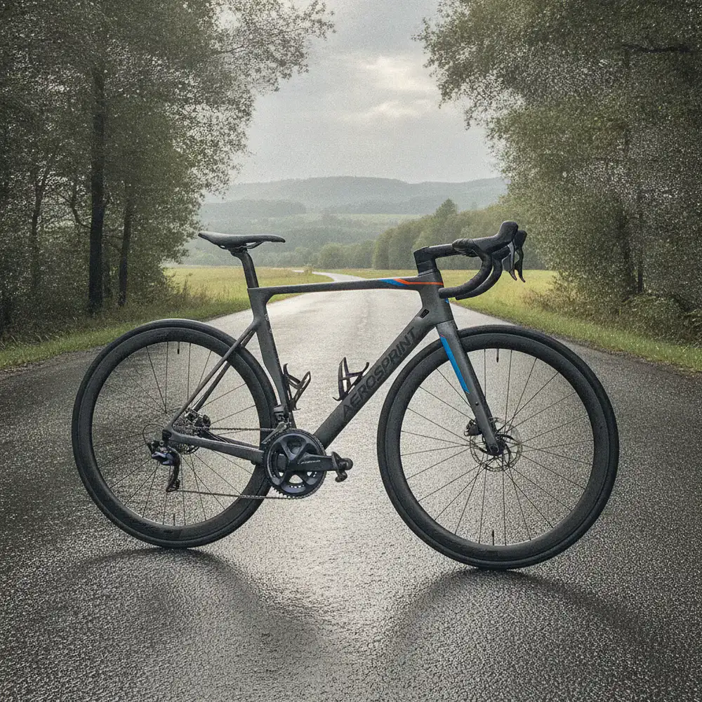 AeroSprint V1 road bike positioned on a slick tarmac road