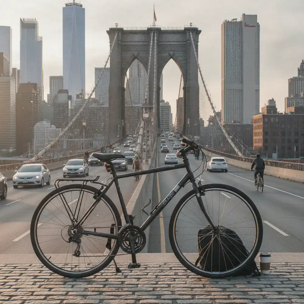 Urban Glide hybrid bike near a bustling city bridge