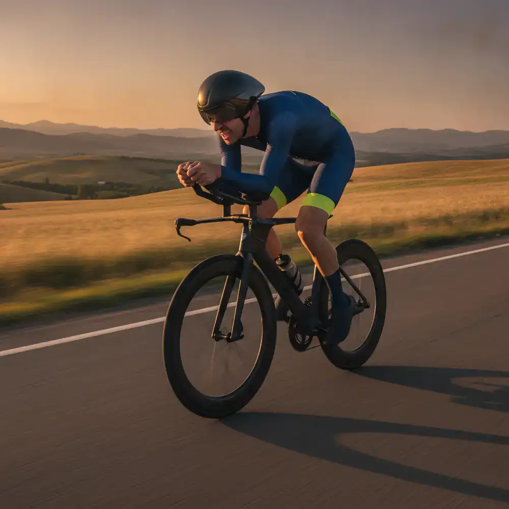 Cyclist pushing for maximum speed on an open road