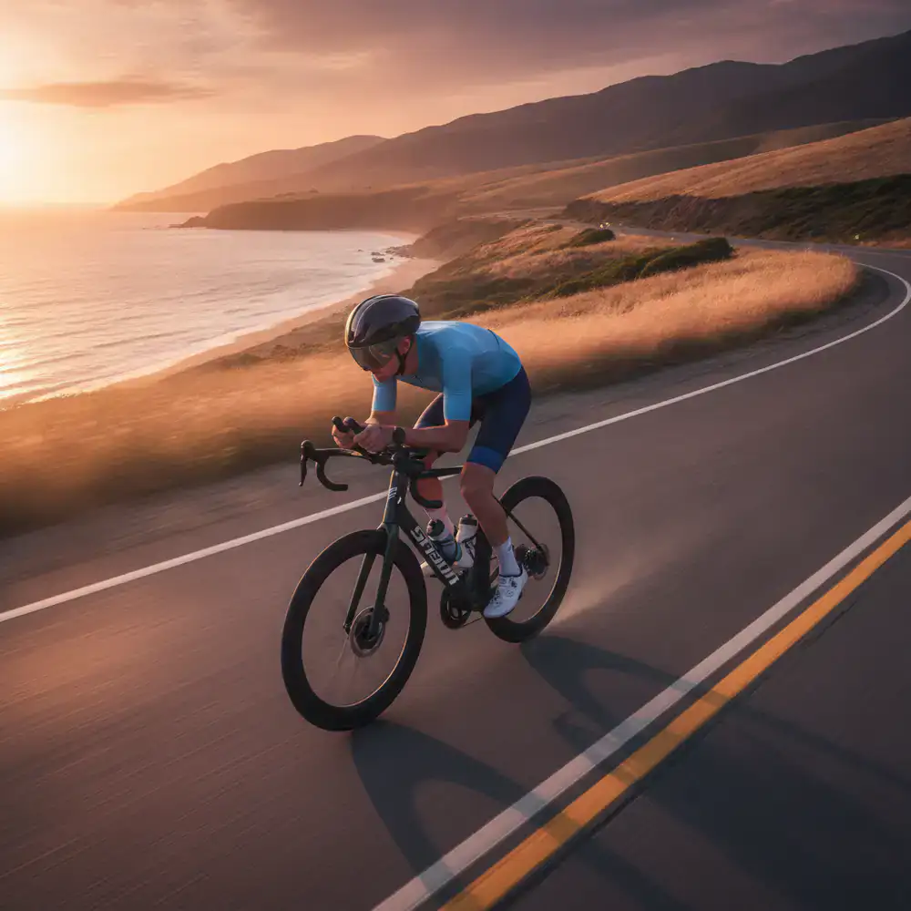 A high-performance sports bicycle accelerating on a smooth scenic road