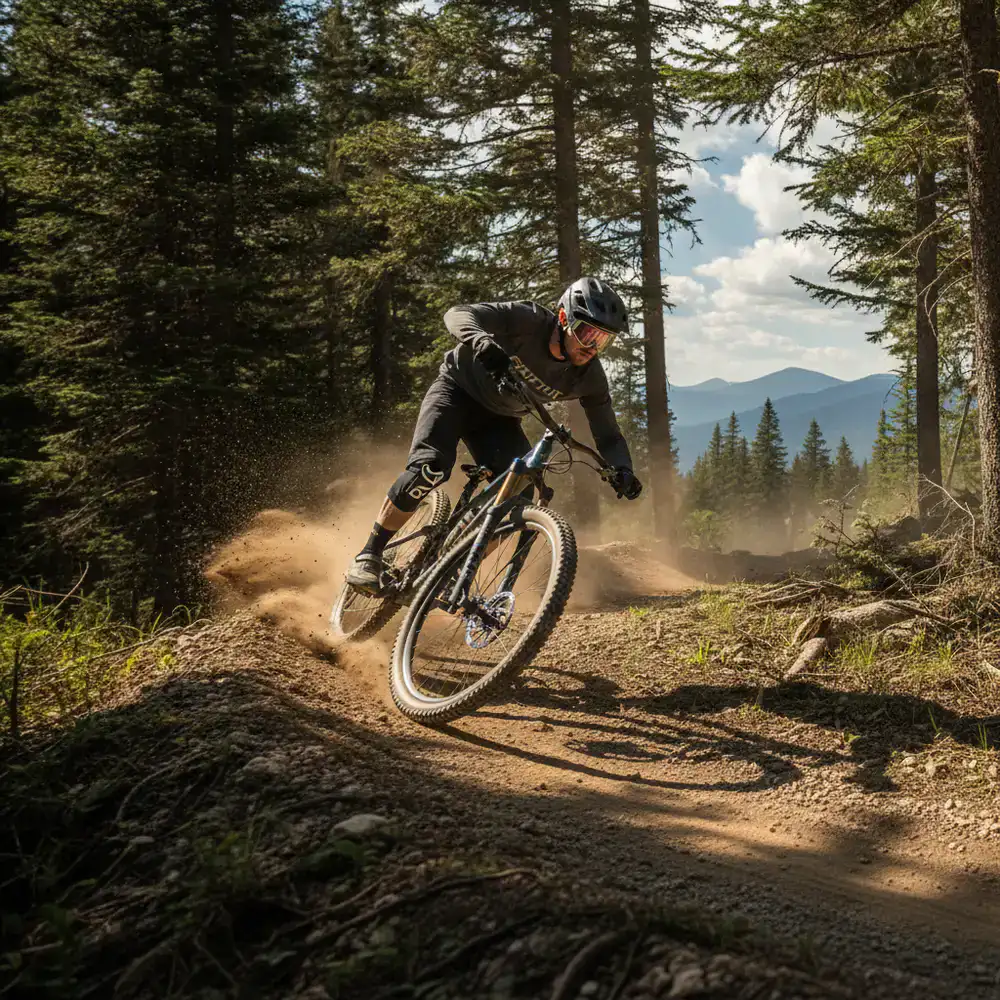 Mountain bike accelerating through a dirt trail