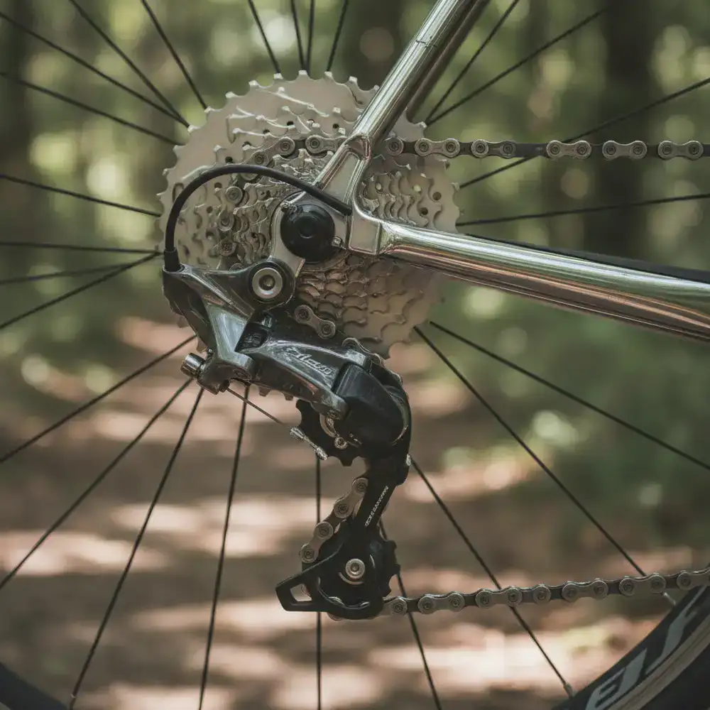 Close-up detail of bicycle gears and derailleurs