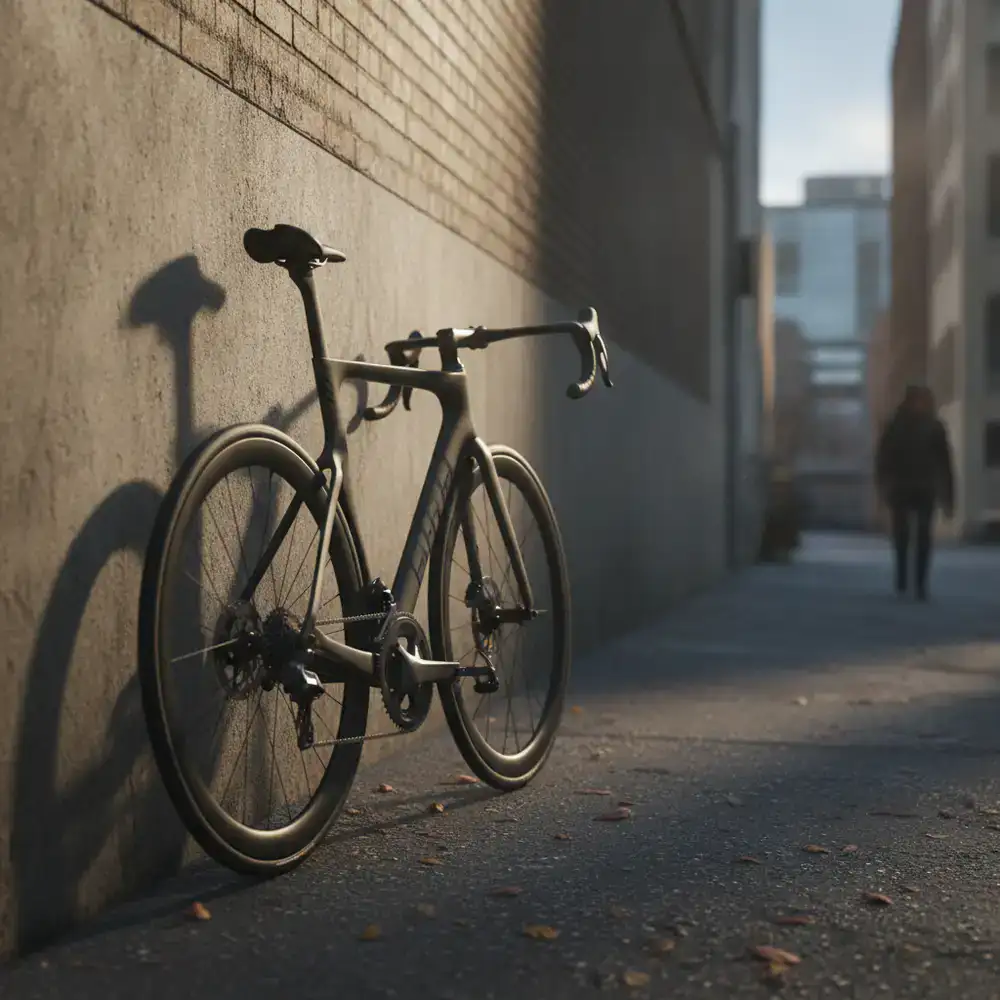 Aerodynamic road bike parked against an urban wall